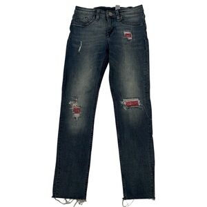 H&M Kids Blue Distressed Jeans with Pink Sequin Patches.